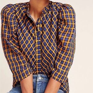 Eva Franco Anthropologie Size 2 (6) Blue Orange Black Button Top Plaid Blouse